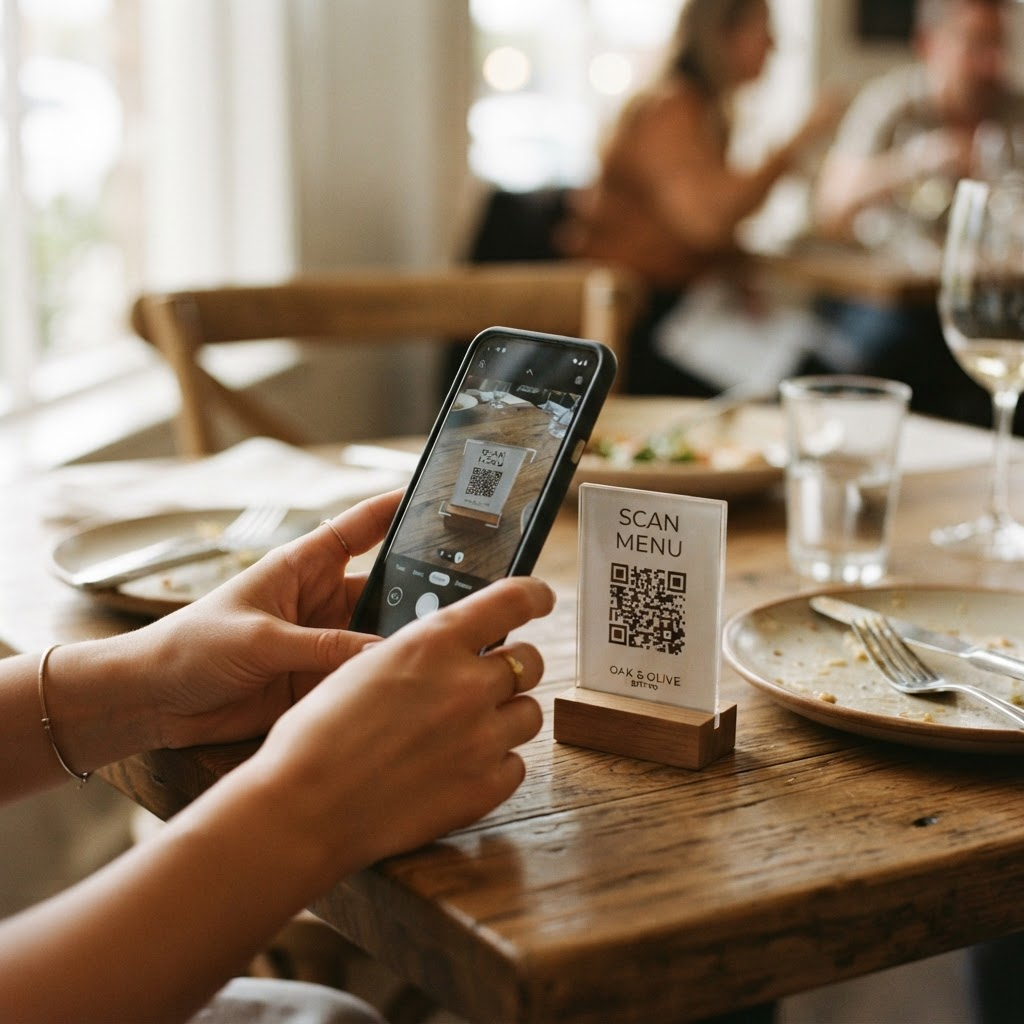 Ein Gast scannt am Restauranttisch mit dem Handy einen QR-Code